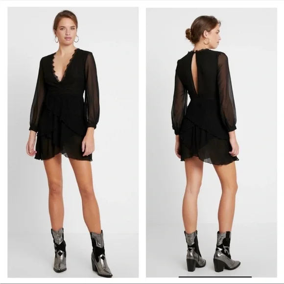 Topshop Mini Dress Size 4 Sheer Black Long Sleeve V-Neck Pleated Tiered NWT! $75 - Picture 2 of 16